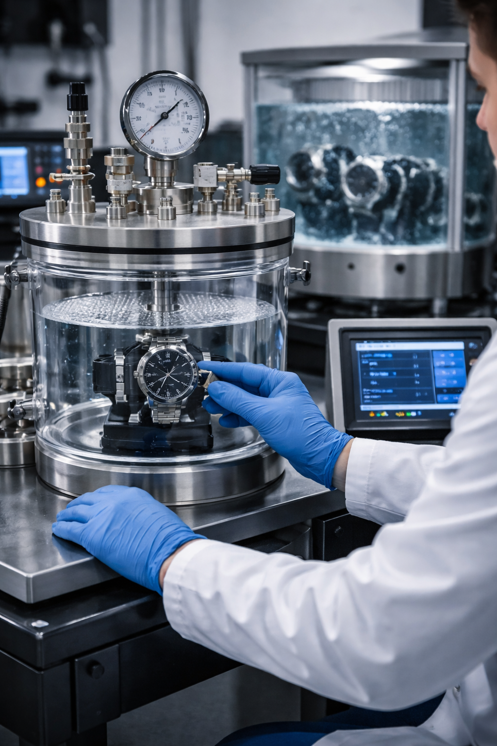 Technician performing watch waterproof testing in a professional lab